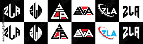 ZLA letter logo design in six style. ZLA polygon, circle, triangle, hexagon, flat and simple style with black and white color variation letter logo set in one artboard. ZLA minimalist and classic logo