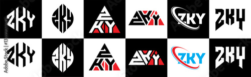 ZKY letter logo design in six style. ZKY polygon, circle, triangle, hexagon, flat and simple style with black and white color variation letter logo set in one artboard. ZKY minimalist and classic logo