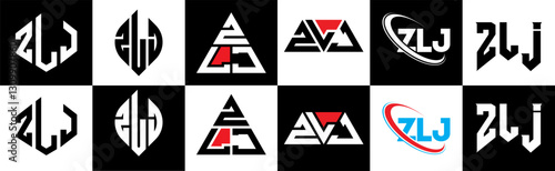 ZLJ letter logo design in six style. ZLJ polygon, circle, triangle, hexagon, flat and simple style with black and white color variation letter logo set in one artboard. ZLJ minimalist and classic logo
