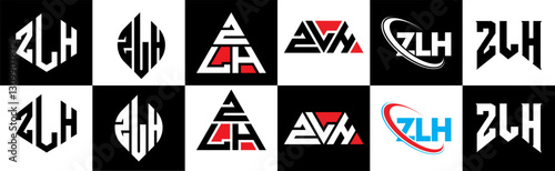 ZLH letter logo design in six style. ZLH polygon, circle, triangle, hexagon, flat and simple style with black and white color variation letter logo set in one artboard. ZLH minimalist and classic logo