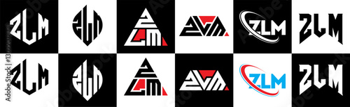 ZLM letter logo design in six style. ZLM polygon, circle, triangle, hexagon, flat and simple style with black and white color variation letter logo set in one artboard. ZLM minimalist and classic logo