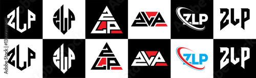 ZLP letter logo design in six style. ZLP polygon, circle, triangle, hexagon, flat and simple style with black and white color variation letter logo set in one artboard. ZLP minimalist and classic logo