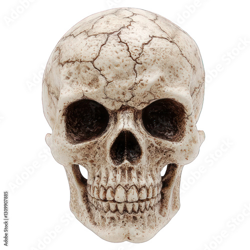 A detailed skull with dark, hollow eyes and rough surface texture, showcasing intricate bone structure, isolated on white background.
