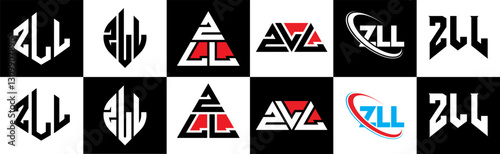 ZLL letter logo design in six style. ZLL polygon, circle, triangle, hexagon, flat and simple style with black and white color variation letter logo set in one artboard. ZLL minimalist and classic logo