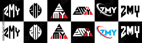 ZMY letter logo design in six style. ZMY polygon, circle, triangle, hexagon, flat and simple style with black and white color variation letter logo set in one artboard. ZMY minimalist and classic logo