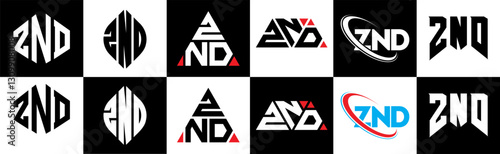 ZND letter logo design in six style. ZND polygon, circle, triangle, hexagon, flat and simple style with black and white color variation letter logo set in one artboard. ZND minimalist and classic logo