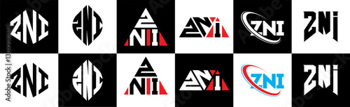 ZNI letter logo design in six style. ZNI polygon, circle, triangle, hexagon, flat and simple style with black and white color variation letter logo set in one artboard. ZNI minimalist and classic logo