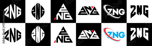 ZNG letter logo design in six style. ZNG polygon, circle, triangle, hexagon, flat and simple style with black and white color variation letter logo set in one artboard. ZNG minimalist and classic logo
