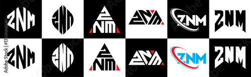 ZNM letter logo design in six style. ZNM polygon, circle, triangle, hexagon, flat and simple style with black and white color variation letter logo set in one artboard. ZNM minimalist and classic logo