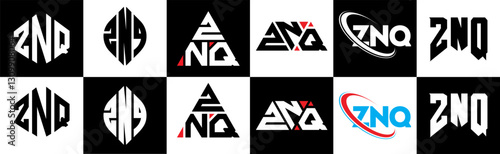 ZNQ letter logo design in six style. ZNQ polygon, circle, triangle, hexagon, flat and simple style with black and white color variation letter logo set in one artboard. ZNQ minimalist and classic logo