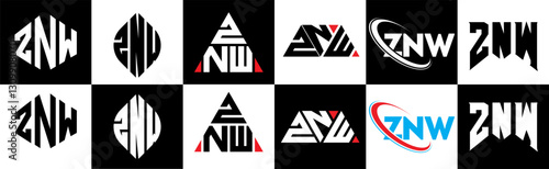 ZNW letter logo design in six style. ZNW polygon, circle, triangle, hexagon, flat and simple style with black and white color variation letter logo set in one artboard. ZNW minimalist and classic logo