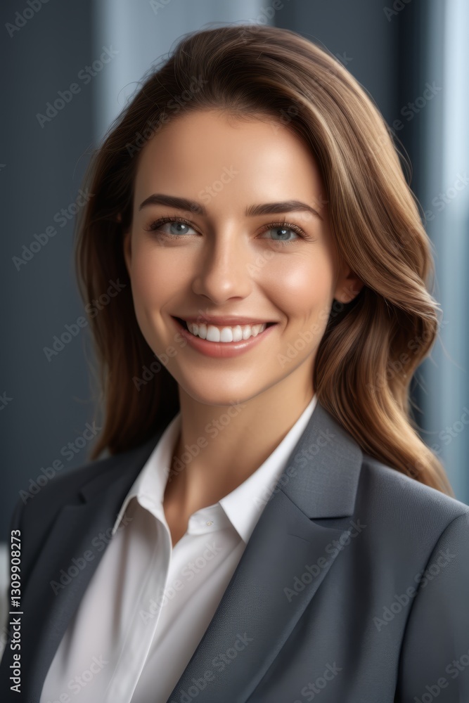 smiling woman in business suit with white shirt and gray jacket smiling woman in business suit with white shirt and gray jacket