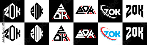 ZOK letter logo design in six style. ZOK polygon, circle, triangle, hexagon, flat and simple style with black and white color variation letter logo set in one artboard. ZOK minimalist and classic logo