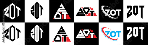 ZOT letter logo design in six style. ZOT polygon, circle, triangle, hexagon, flat and simple style with black and white color variation letter logo set in one artboard. ZOT minimalist and classic logo