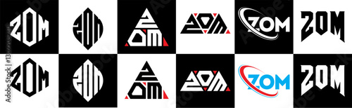 ZOM letter logo design in six style. ZOM polygon, circle, triangle, hexagon, flat and simple style with black and white color variation letter logo set in one artboard. ZOM minimalist and classic logo