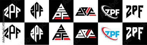 ZPF letter logo design in six style. ZPF polygon, circle, triangle, hexagon, flat and simple style with black and white color variation letter logo set in one artboard. ZPF minimalist and classic logo