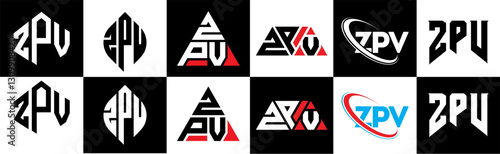 ZPV letter logo design in six style. ZPV polygon, circle, triangle, hexagon, flat and simple style with black and white color variation letter logo set in one artboard. ZPV minimalist and classic logo