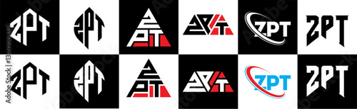 ZPT letter logo design in six style. ZPT polygon, circle, triangle, hexagon, flat and simple style with black and white color variation letter logo set in one artboard. ZPT minimalist and classic logo