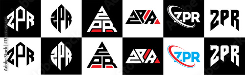 ZPR letter logo design in six style. ZPR polygon, circle, triangle, hexagon, flat and simple style with black and white color variation letter logo set in one artboard. ZPR minimalist and classic logo