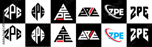 ZPE letter logo design in six style. ZPE polygon, circle, triangle, hexagon, flat and simple style with black and white color variation letter logo set in one artboard. ZPE minimalist and classic logo