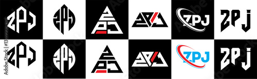 ZPJ letter logo design in six style. ZPJ polygon, circle, triangle, hexagon, flat and simple style with black and white color variation letter logo set in one artboard. ZPJ minimalist and classic logo