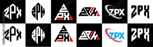ZPX letter logo design in six style. ZPX polygon, circle, triangle, hexagon, flat and simple style with black and white color variation letter logo set in one artboard. ZPX minimalist and classic logo