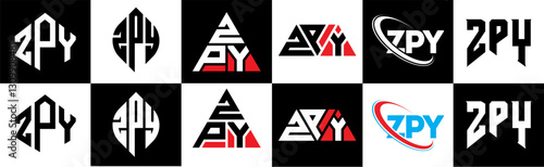 ZPY letter logo design in six style. ZPY polygon, circle, triangle, hexagon, flat and simple style with black and white color variation letter logo set in one artboard. ZPY minimalist and classic logo