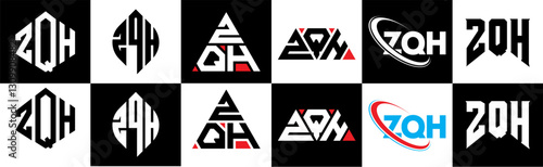 ZQH letter logo design in six style. ZQH polygon, circle, triangle, hexagon, flat and simple style with black and white color variation letter logo set in one artboard. ZQH minimalist and classic logo