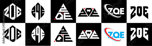 ZQE letter logo design in six style. ZQE polygon, circle, triangle, hexagon, flat and simple style with black and white color variation letter logo set in one artboard. ZQE minimalist and classic logo