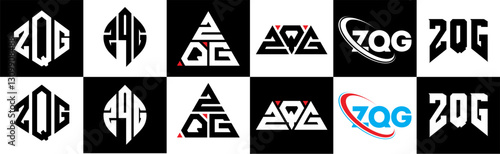 ZQG letter logo design in six style. ZQG polygon, circle, triangle, hexagon, flat and simple style with black and white color variation letter logo set in one artboard. ZQG minimalist and classic logo
