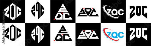 ZQC letter logo design in six style. ZQC polygon, circle, triangle, hexagon, flat and simple style with black and white color variation letter logo set in one artboard. ZQC minimalist and classic logo