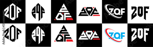 ZQF letter logo design in six style. ZQF polygon, circle, triangle, hexagon, flat and simple style with black and white color variation letter logo set in one artboard. ZQF minimalist and classic logo