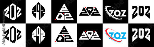 ZQZ letter logo design in six style. ZQZ polygon, circle, triangle, hexagon, flat and simple style with black and white color variation letter logo set in one artboard. ZQZ minimalist and classic logo