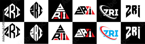 ZRI letter logo design in six style. ZRI polygon, circle, triangle, hexagon, flat and simple style with black and white color variation letter logo set in one artboard. ZRI minimalist and classic logo