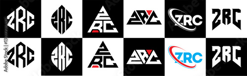 ZRC letter logo design in six style. ZRC polygon, circle, triangle, hexagon, flat and simple style with black and white color variation letter logo set in one artboard. ZRC minimalist and classic logo