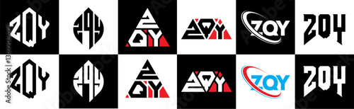 ZQY letter logo design in six style. ZQY polygon, circle, triangle, hexagon, flat and simple style with black and white color variation letter logo set in one artboard. ZQY minimalist and classic logo