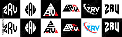 ZRV letter logo design in six style. ZRV polygon, circle, triangle, hexagon, flat and simple style with black and white color variation letter logo set in one artboard. ZRV minimalist and classic logo
