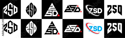 ZSD letter logo design in six style. ZSD polygon, circle, triangle, hexagon, flat and simple style with black and white color variation letter logo set in one artboard. ZSD minimalist and classic logo