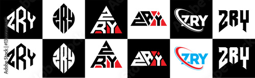 ZRY letter logo design in six style. ZRY polygon, circle, triangle, hexagon, flat and simple style with black and white color variation letter logo set in one artboard. ZRY minimalist and classic logo