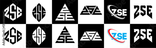 ZSE letter logo design in six style. ZSE polygon, circle, triangle, hexagon, flat and simple style with black and white color variation letter logo set in one artboard. ZSE minimalist and classic logo