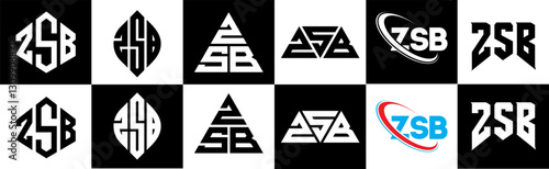 ZSB letter logo design in six style. ZSB polygon, circle, triangle, hexagon, flat and simple style with black and white color variation letter logo set in one artboard. ZSB minimalist and classic logo