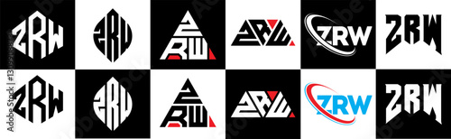 ZRW letter logo design in six style. ZRW polygon, circle, triangle, hexagon, flat and simple style with black and white color variation letter logo set in one artboard. ZRW minimalist and classic logo