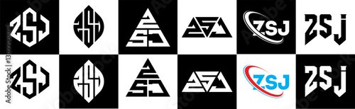 ZSJ letter logo design in six style. ZSJ polygon, circle, triangle, hexagon, flat and simple style with black and white color variation letter logo set in one artboard. ZSJ minimalist and classic logo
