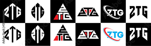 ZTG letter logo design in six style. ZTG polygon, circle, triangle, hexagon, flat and simple style with black and white color variation letter logo set in one artboard. ZTG minimalist and classic logo