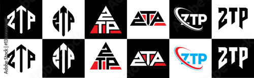 ZTP letter logo design in six style. ZTP polygon, circle, triangle, hexagon, flat and simple style with black and white color variation letter logo set in one artboard. ZTP minimalist and classic logo