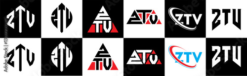 ZTV letter logo design in six style. ZTV polygon, circle, triangle, hexagon, flat and simple style with black and white color variation letter logo set in one artboard. ZTV minimalist and classic logo