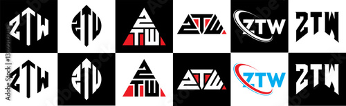 ZTW letter logo design in six style. ZTW polygon, circle, triangle, hexagon, flat and simple style with black and white color variation letter logo set in one artboard. ZTW minimalist and classic logo