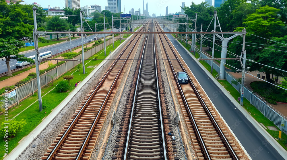 Rail track and conductor rail top view, Road Expressway traffic an important infrastructure with moving cars and railway tracks on which the train rides in Bangkok Thailand. Rail track and conductor rail top view, Road Expressway traffic an important infrastructure with moving cars and railway tracks on which the train rides in Bangkok Thailand.