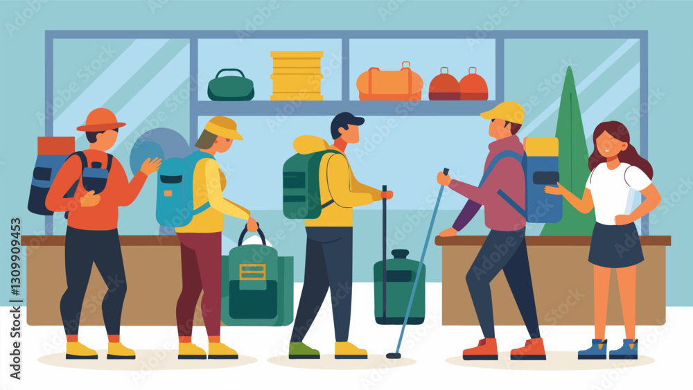 A group of hikers filling their baskets with secondhand hiking boots backpacks and trekking poles at the specialized sports equipment consignment. Vector illustration A group of hikers filling their baskets with secondhand hiking boots backpacks and trekking poles at the specialized sports equipment consignment. Vector illustration