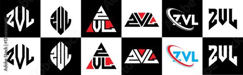 ZVL letter logo design in six style. ZVL polygon, circle, triangle, hexagon, flat and simple style with black and white color variation letter logo set in one artboard. ZVL minimalist and classic logo